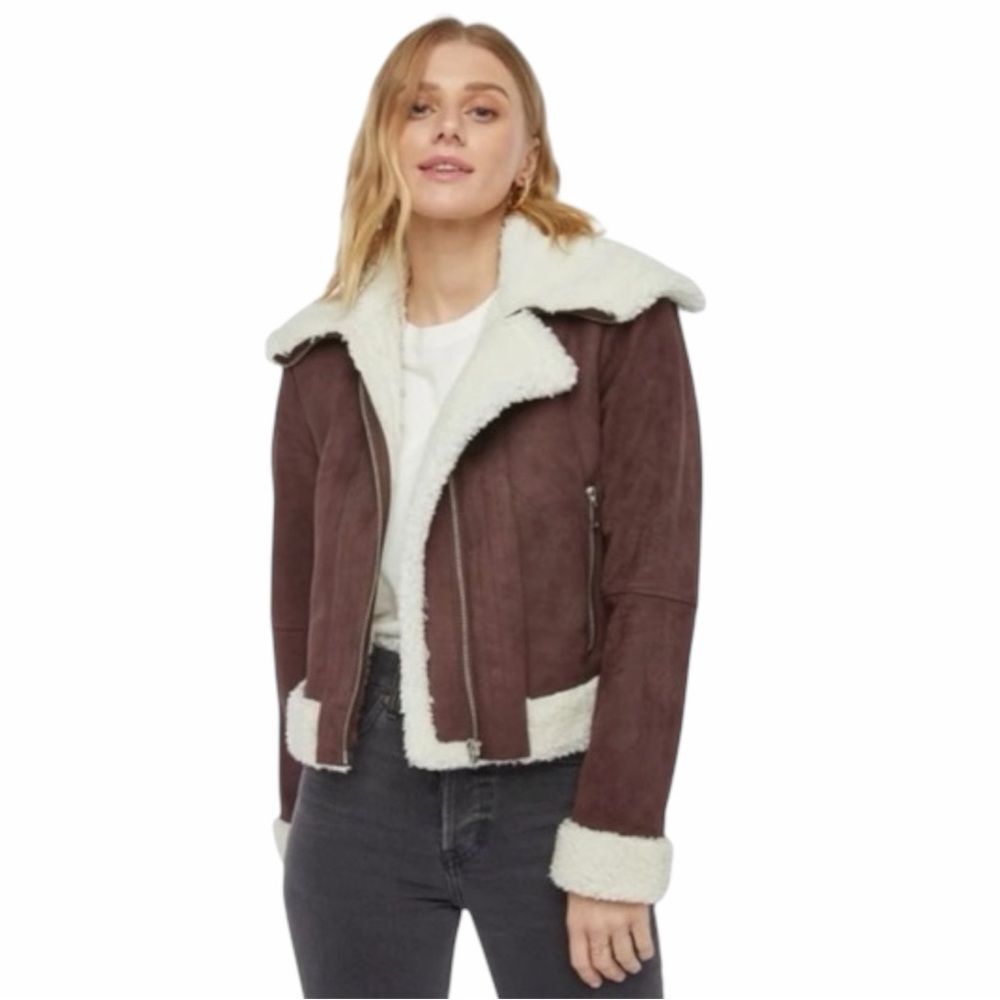 NEW JustFab Dark Brown Faux Suede Moto Sherpa Lined Aviator Jacket Size XL